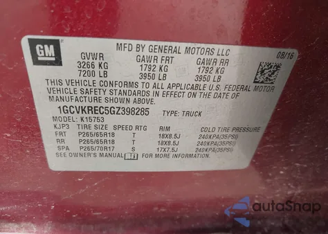 2016 Chevrolet Silverado 1500 2Lt from USA, damaged, VIN 1GCVKREC5GZ398285